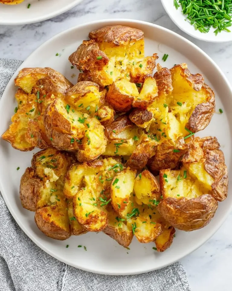 Golden crispy smashed potatoes air fryer style served on a white plate, garnished with fresh chopped chives.