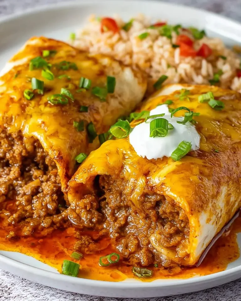 Two Smothered Ground Beef Burritos topped with melted cheese, sour cream, and green onions, served with rice.