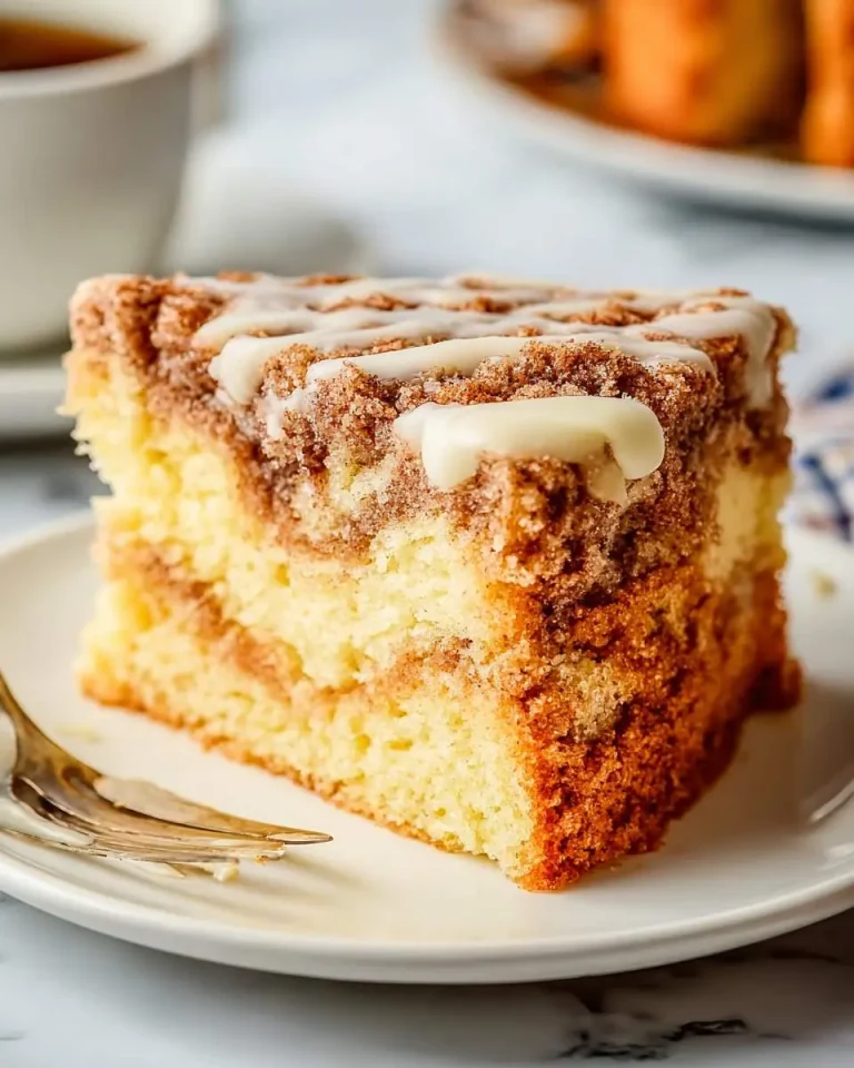 A slice of Sour Cream Coffee Cake with cinnamon streusel and vanilla glaze on a white plate.