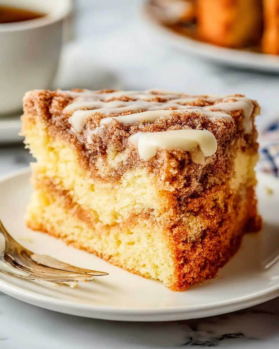 A slice of Sour Cream Coffee Cake with cinnamon streusel and vanilla glaze on a white plate.