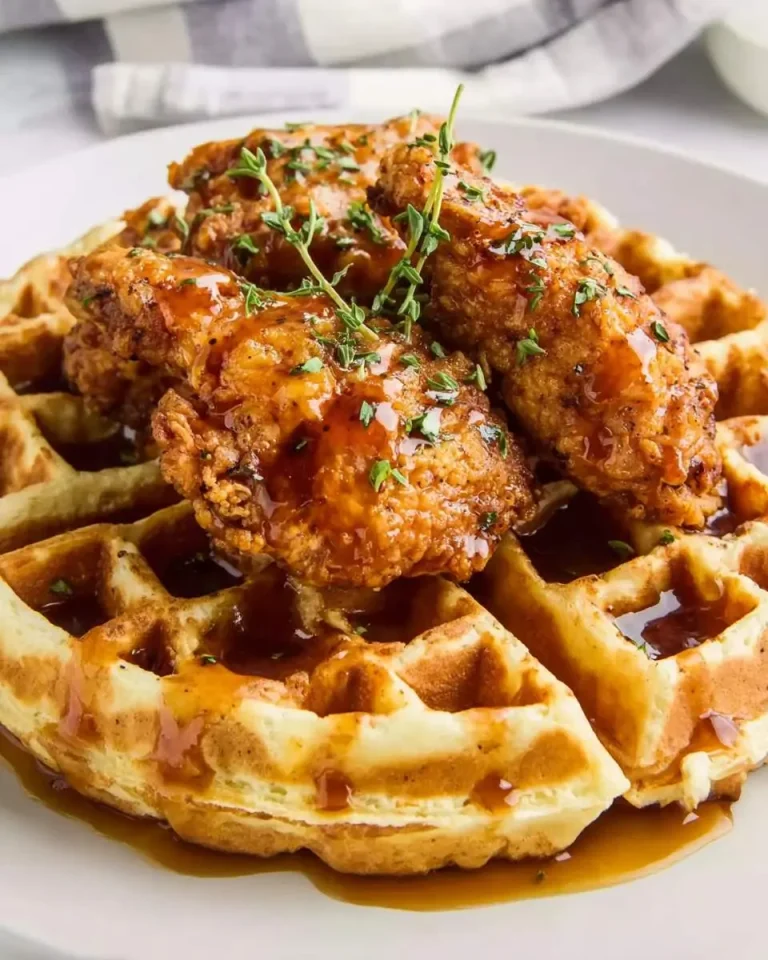 Golden Southern Chicken and Waffles topped with crispy fried chicken, drizzled syrup, and fresh thyme on a white plate.