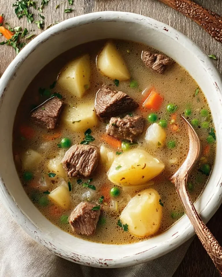 A rustic bowl of hearty steak and potato soup with tender beef chunks, potatoes, carrots, peas, and fresh herbs in a rich broth.