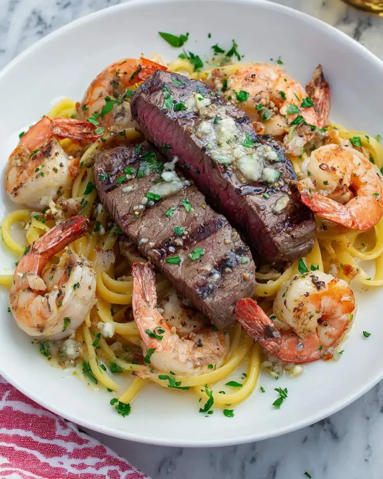 Steak and Shrimp Scampi served over linguine pasta in a white bowl, topped with garlic butter and fresh parsley.