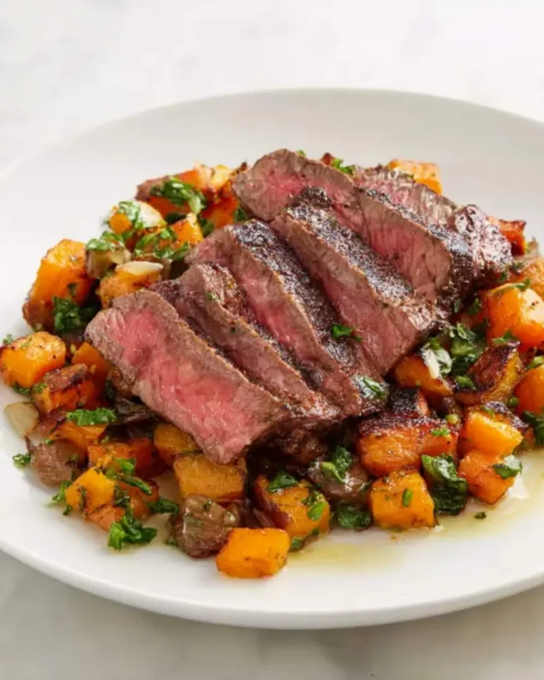 Sliced medium-rare steak with sweet potato hash on a white plate, garnished with fresh herbs.