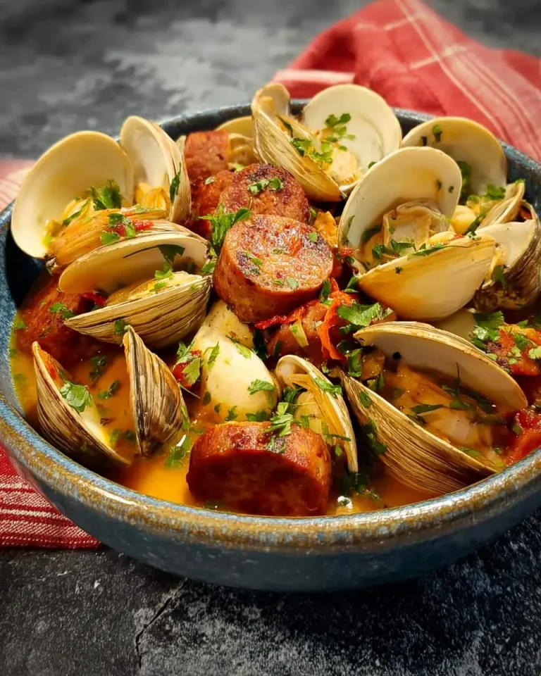 A rustic bowl of steamed clams with Italian sausage in a rich tomato broth, garnished with fresh herbs.
