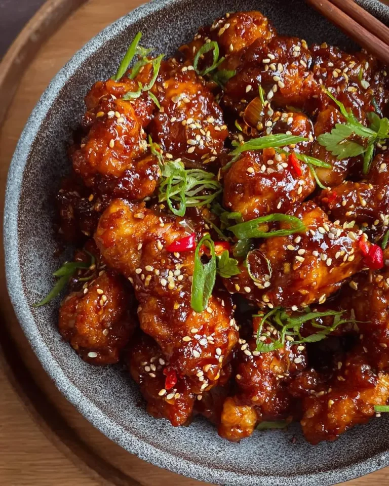Sticky Korean Chicken pieces coated in glossy red sauce, garnished with sesame seeds, green onions, and cilantro in a gray bowl.
