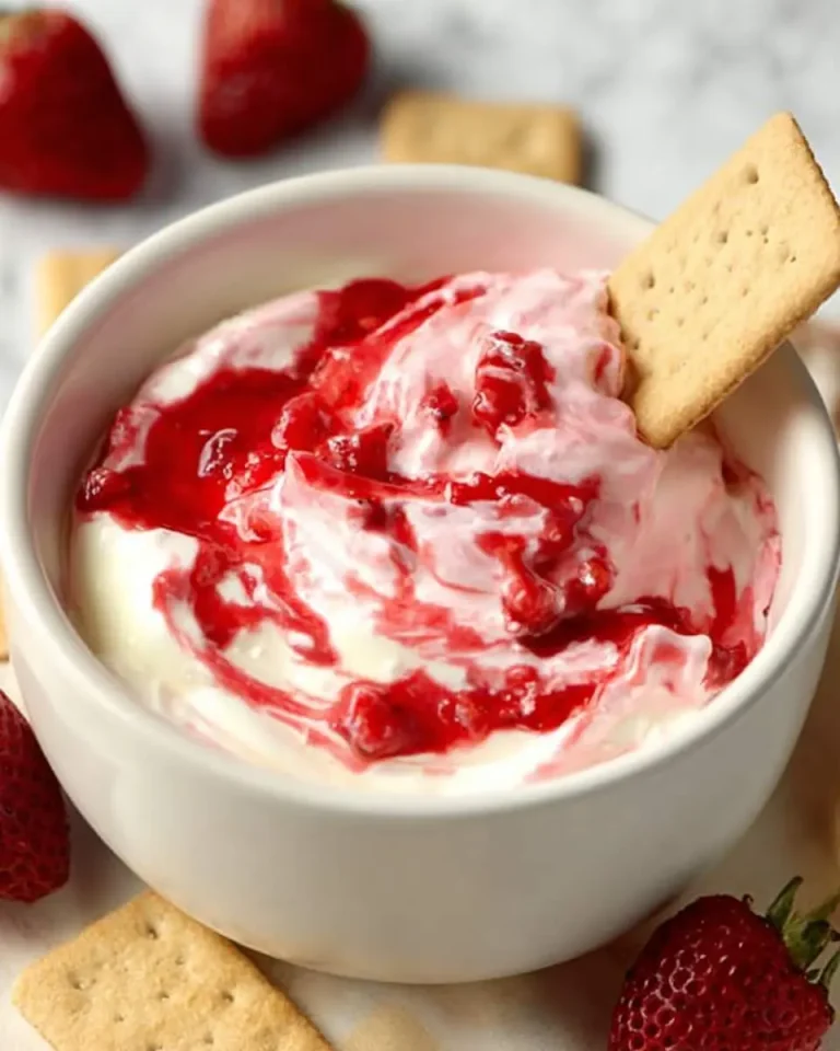 A white bowl filled with creamy Strawberry Cheesecake Dip swirled with strawberry topping and a graham cracker dipped inside.