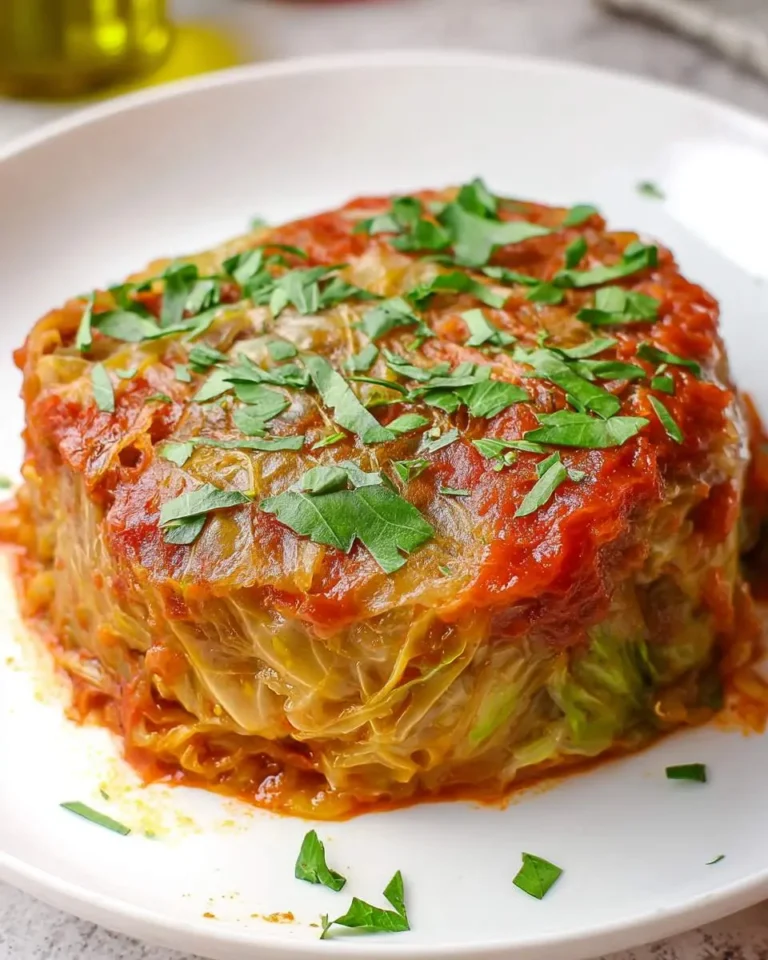A slice of Stuffed Cabbage Cake topped with tomato sauce and fresh parsley on a white plate.