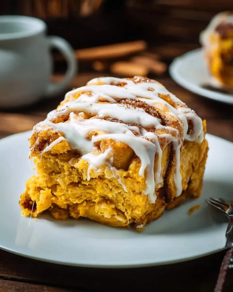 A slice of Sweet Potato Cinnamon Roll Cake with white icing drizzle on a white plate.