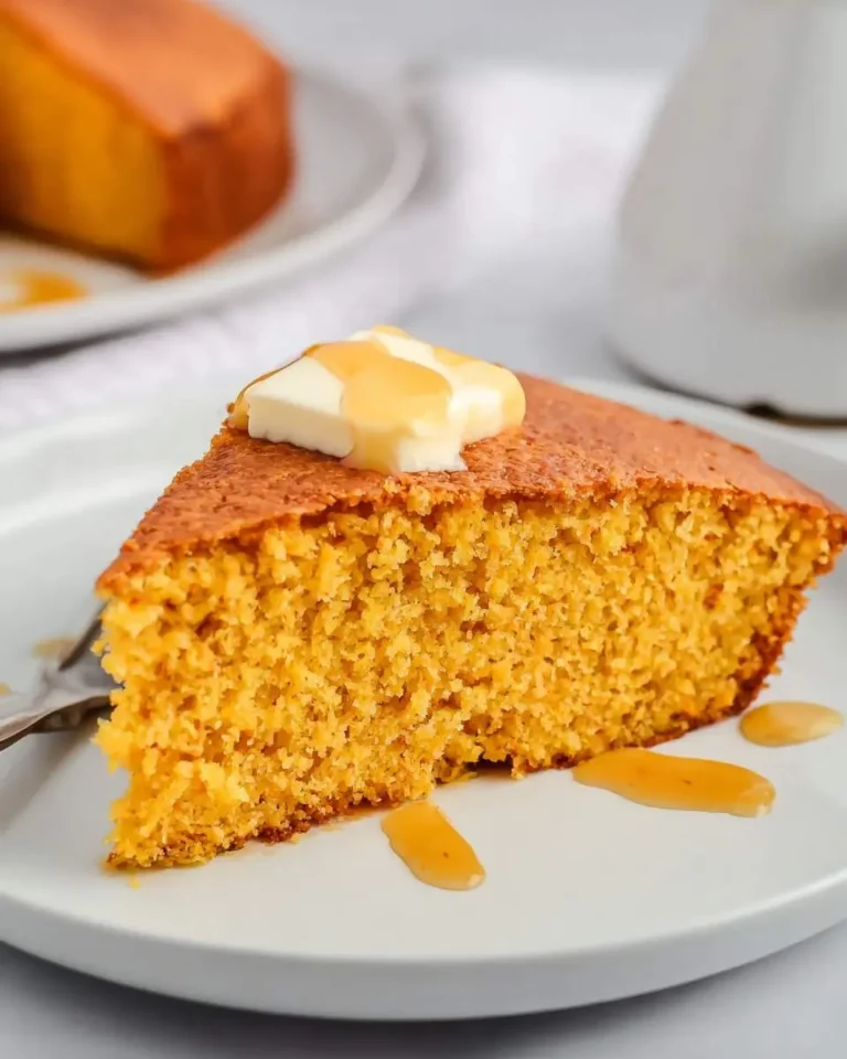 A slice of moist Sweet Potato Cornbread topped with butter and drizzled with honey on a white plate.