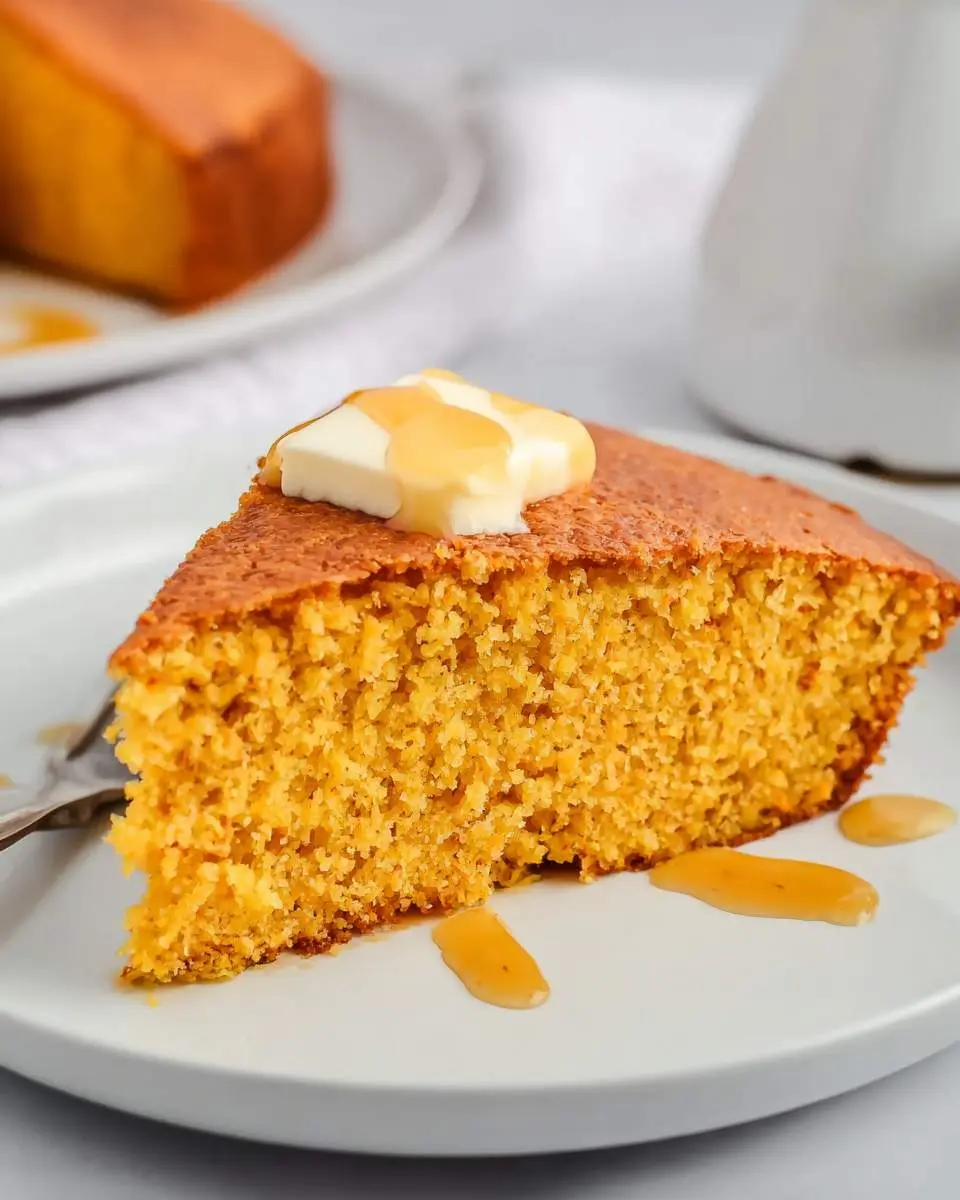 A slice of moist Sweet Potato Cornbread topped with butter and drizzled with honey on a white plate.