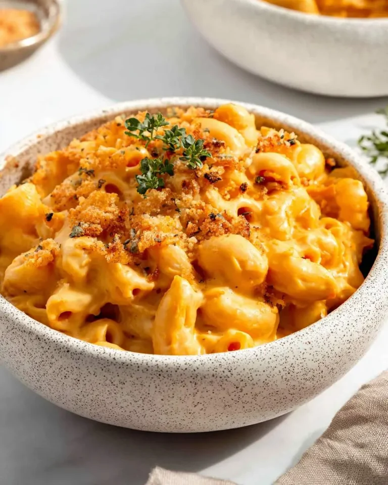 Creamy Sweet Potato Mac and Cheese topped with crispy breadcrumbs and fresh herbs in a speckled bowl.