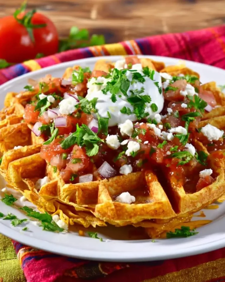 Stacked Tex-Mex Waffles topped with salsa, sour cream, crumbled cheese, and fresh cilantro on a white plate.