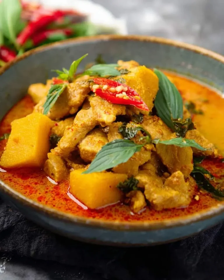 Thai Pumpkin Curry Chicken served in a bowl with fresh basil and red chili garnish.