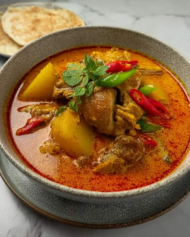 Bowl of Thai Red Duck Curry with potatoes, garnished with fresh mint and sliced chilies, served with flatbread.