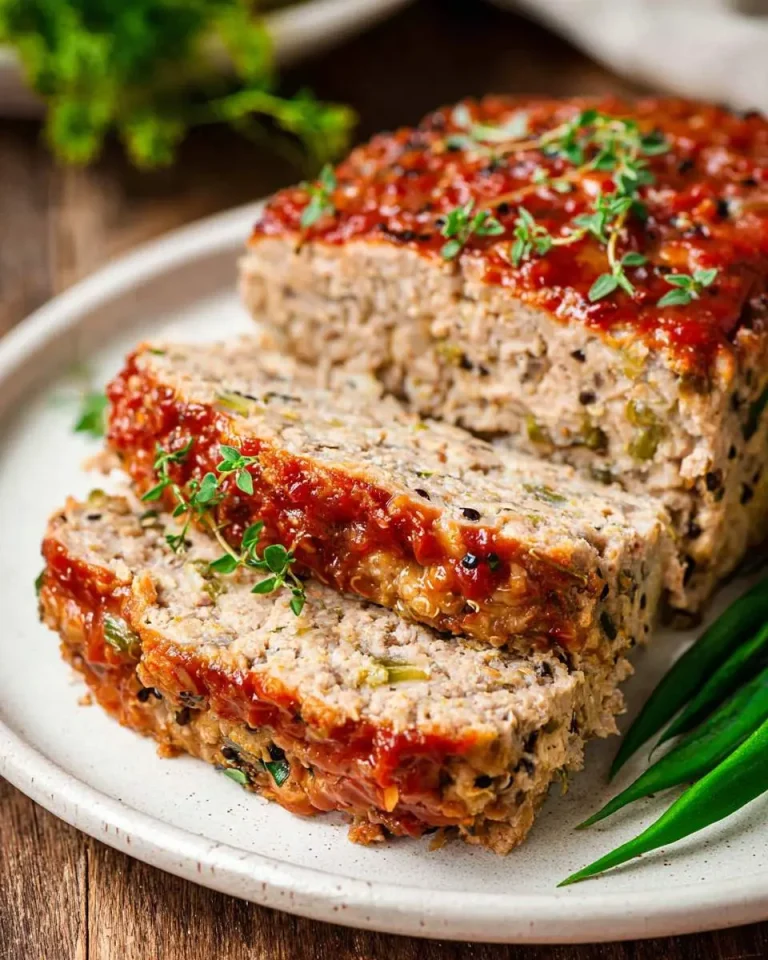 Sliced Turkey and Quinoa Meatloaf topped with tomato glaze and fresh thyme on a white plate with green beans.