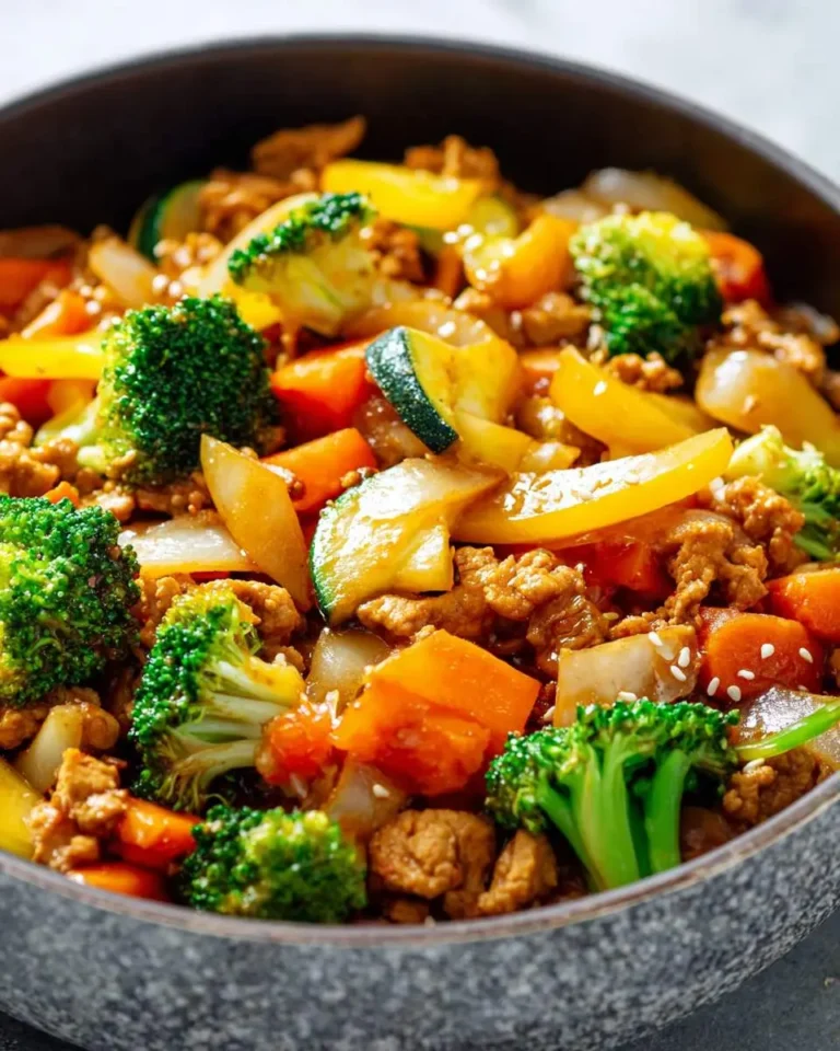 A close-up of a colorful Turkey and Vegetable Stir Fry with broccoli, carrots, zucchini, and bell peppers in a dark bowl.