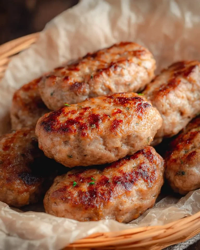 Golden brown turkey breakfast sausage patties stacked in a wicker basket lined with parchment paper.