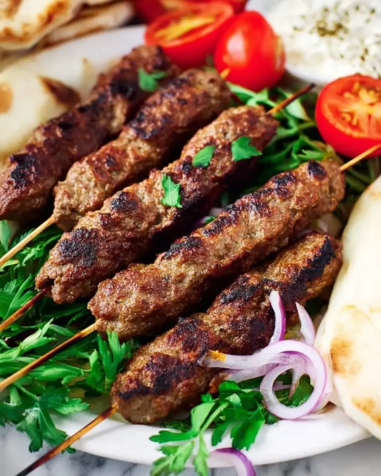 Grilled Turkey Kofta Kebab skewers served on a plate with fresh herbs, tomatoes, onions, and flatbread.