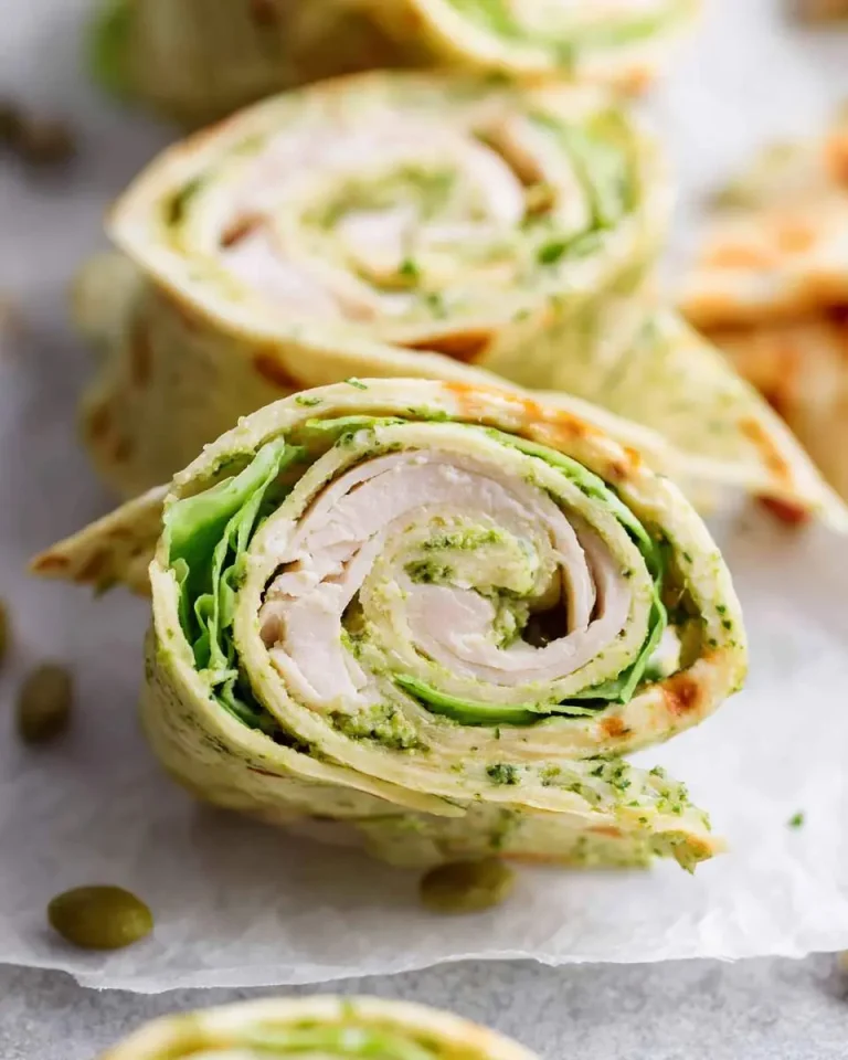 Close-up of Turkey Pesto Tortilla Roll Ups sliced into spirals, showing layers of turkey, green pesto, and lettuce.