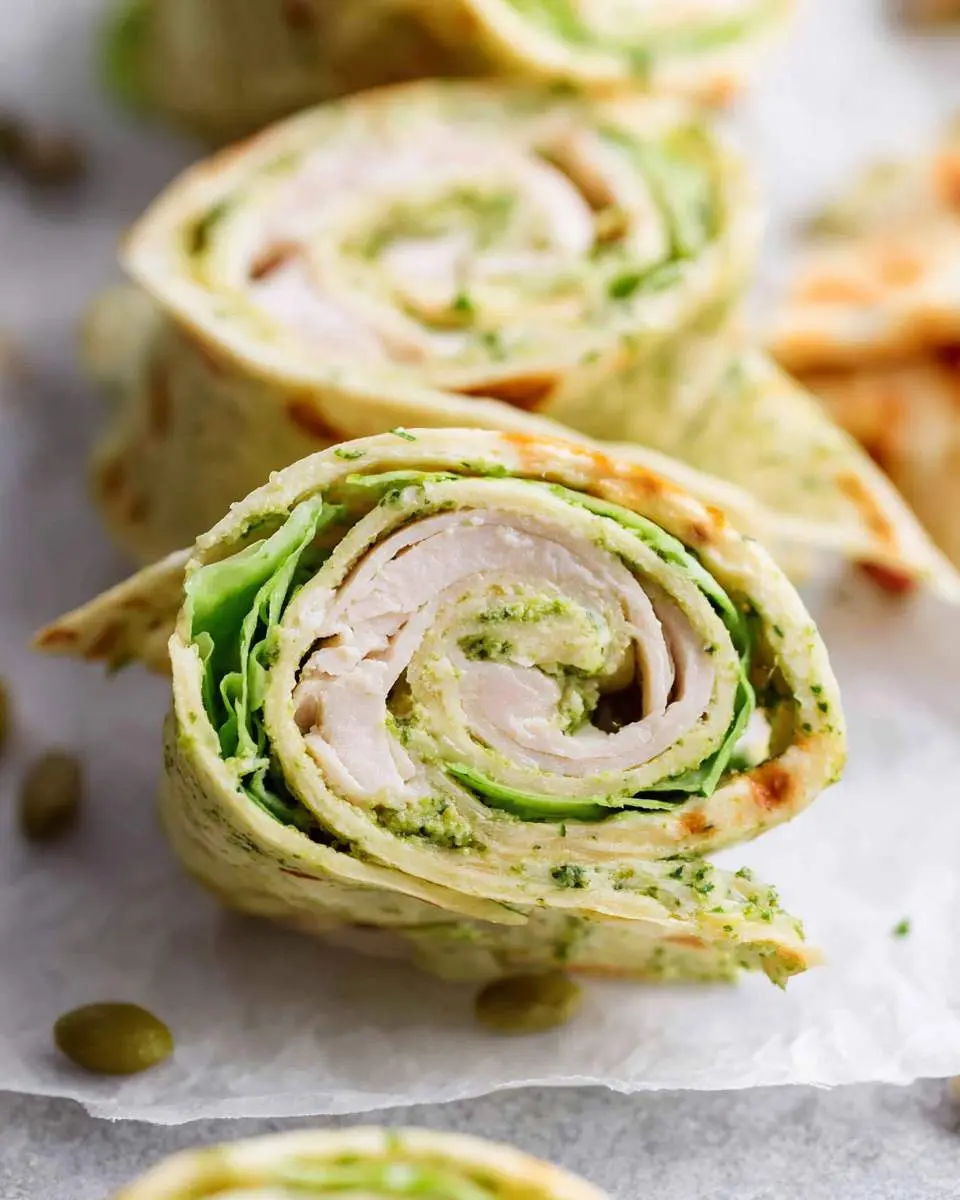 Close-up of Turkey Pesto Tortilla Roll Ups sliced into spirals, showing layers of turkey, green pesto, and lettuce.
