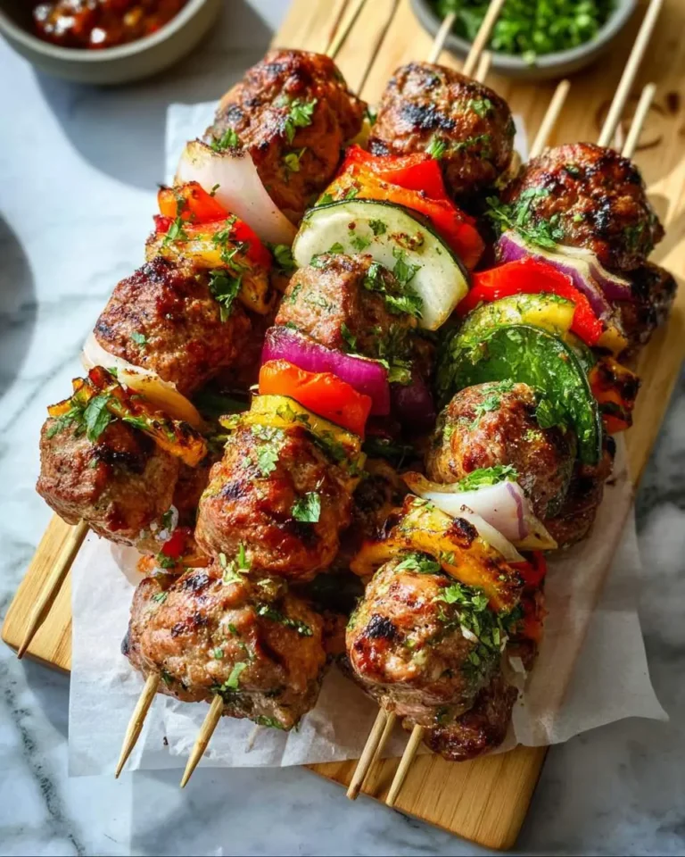 Grilled Turkey Skewers with colorful bell peppers, zucchini, and red onion on wooden skewers, garnished with fresh herbs.