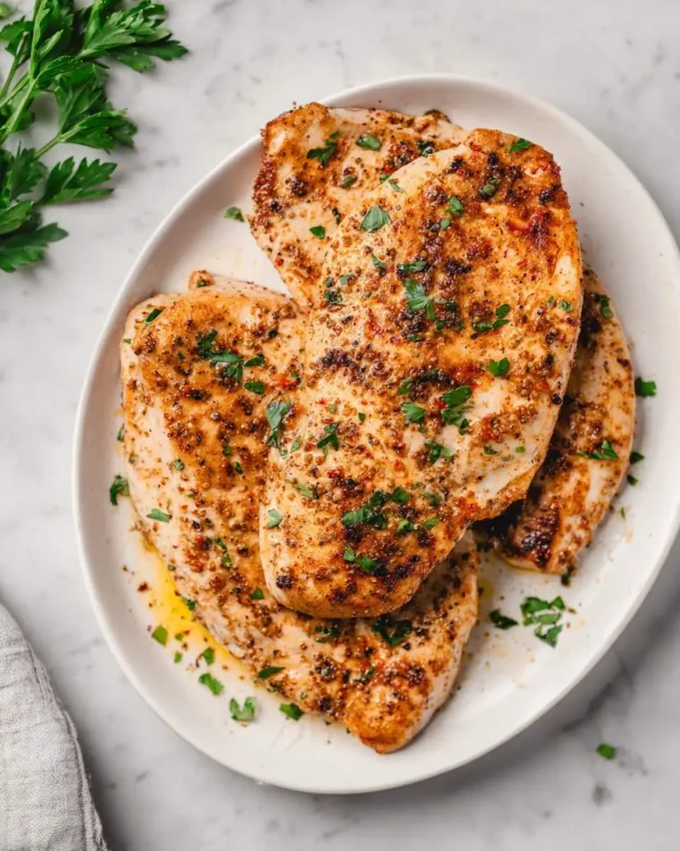Three seasoned turkey steaks on a white plate garnished with fresh parsley.