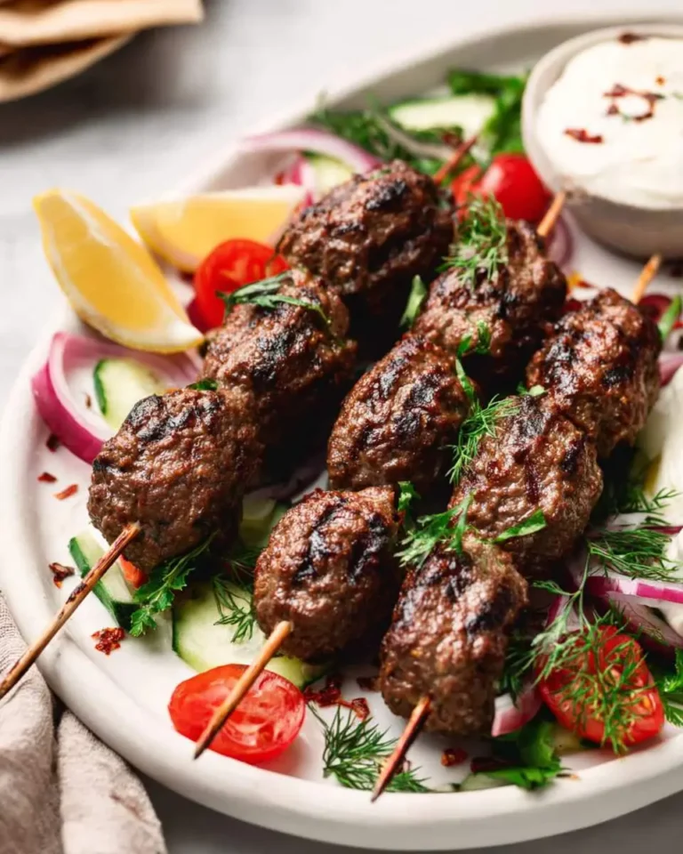 Grilled Turkish Beef Kofta Recipe served on skewers with fresh vegetables, lemon wedges, and creamy yogurt sauce.