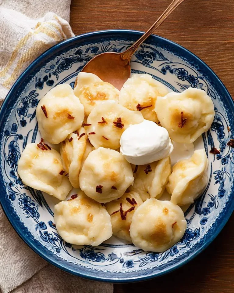 A decorative blue and white bowl filled with golden-brown Ukrainian Cottage Cheese Dumplings topped with fried onions and a dollop of sour cream.