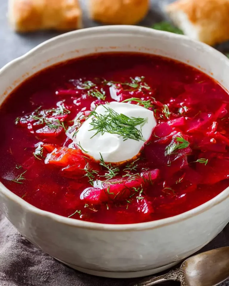 A bowl of vibrant Ukrainian Red Borscht Soup topped with sour cream and fresh dill, served with bread.
