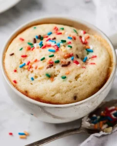A freshly baked vanilla mug cake topped with colorful rainbow sprinkles, served in a white ceramic mug.
