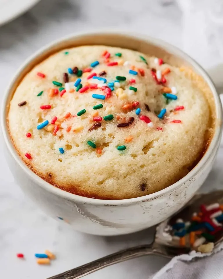 A freshly baked vanilla mug cake topped with colorful rainbow sprinkles, served in a white ceramic mug.