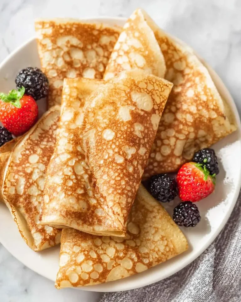 A plate of golden brown Vegan Cassava Flour Crepes folded and stacked with fresh strawberries and blackberries.