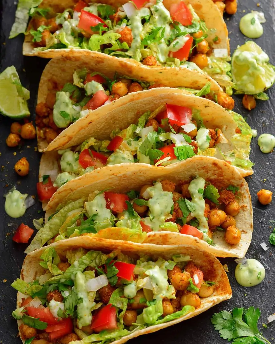 Five Vegan Chickpea Tacos arranged on a black surface, topped with lettuce, tomatoes, and creamy green sauce.