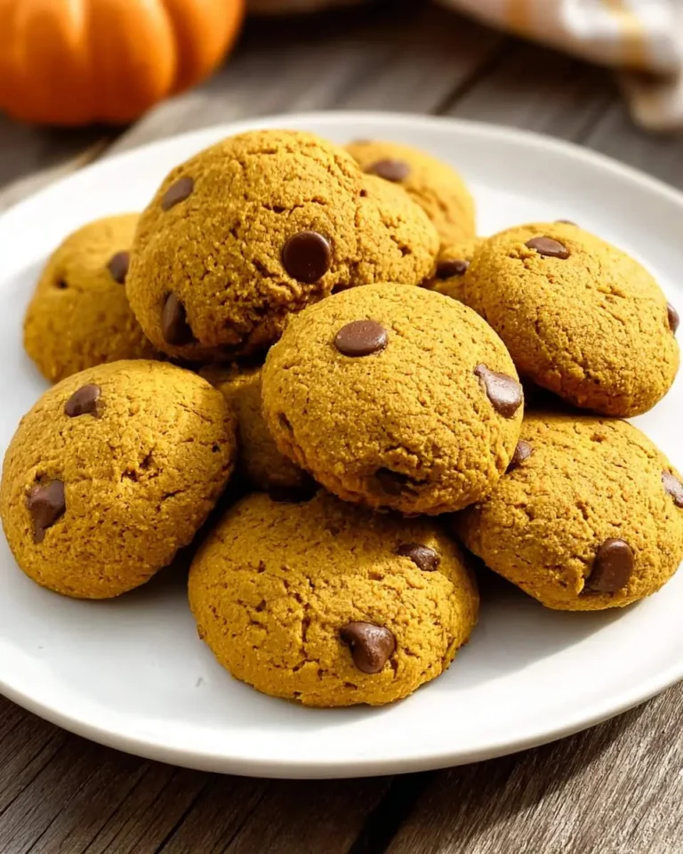 A plate of soft, golden Vegan Pumpkin Cookies studded with chocolate chips, with a small pumpkin in the background.