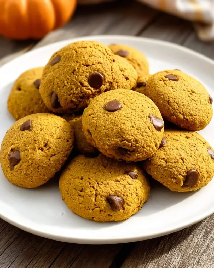 A plate of soft, golden Vegan Pumpkin Cookies studded with chocolate chips, with a small pumpkin in the background.