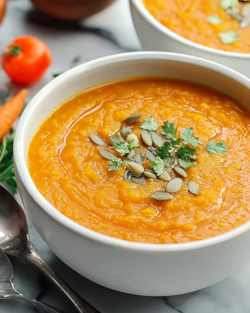 A bowl of creamy Vegan Red Lentil Soup with Carrots topped with pumpkin seeds and fresh herbs.
