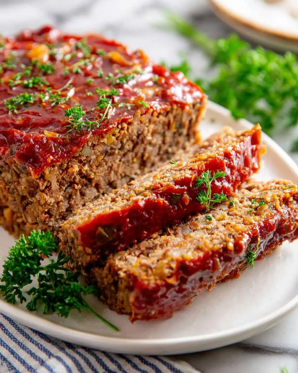 Sliced Vegetarian Lentil Meatloaf topped with glossy red sauce and fresh herbs on a white plate.