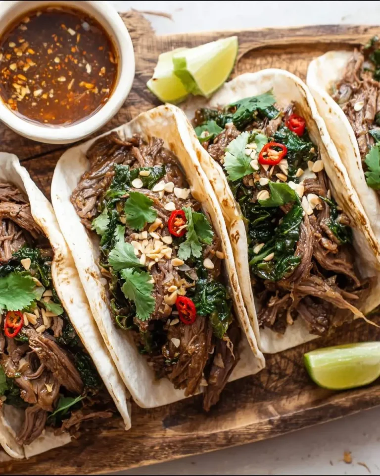 Vietnamese Instant Pot Beef Brisket Tacos served on a wooden board with lime wedges and dipping sauce.