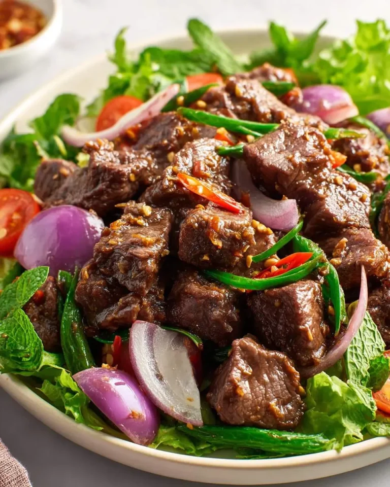 Vietnamese Shaking Beef Salad with seared beef cubes, red onions, and fresh herbs on a white plate.