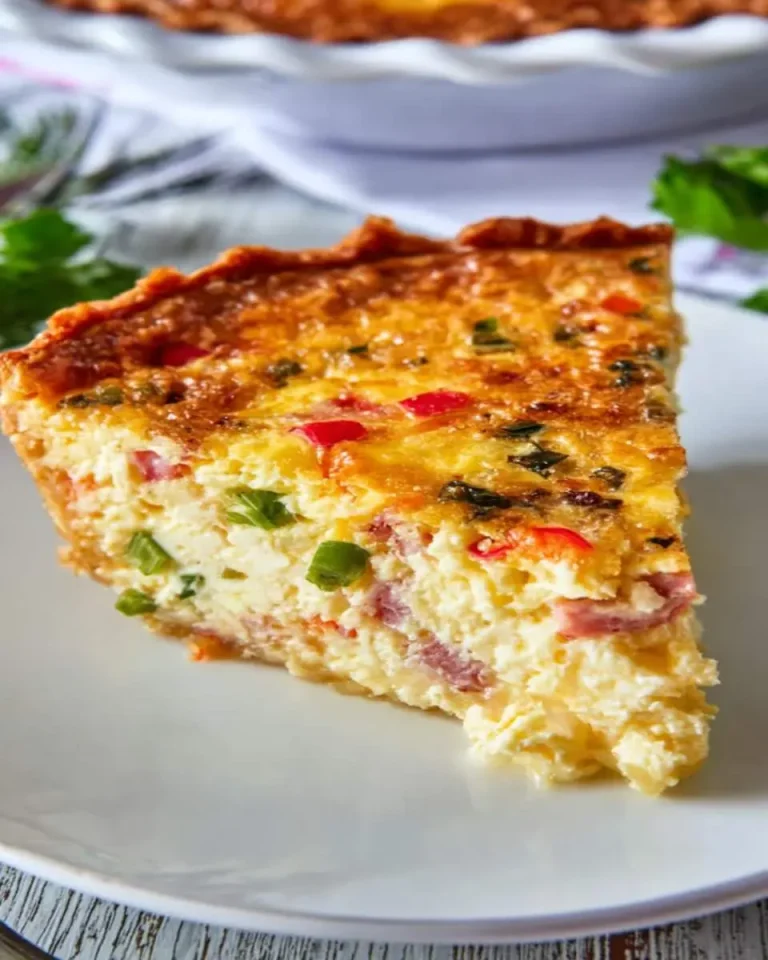 A slice of Western Omelet Quiche with ham, peppers, and green onions on a white plate.