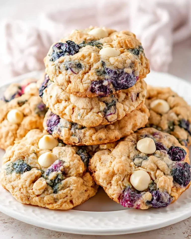 Stack of White Chocolate Blueberry Oatmeal Cookies on a white plate with fresh blueberries and white chocolate chips visible.