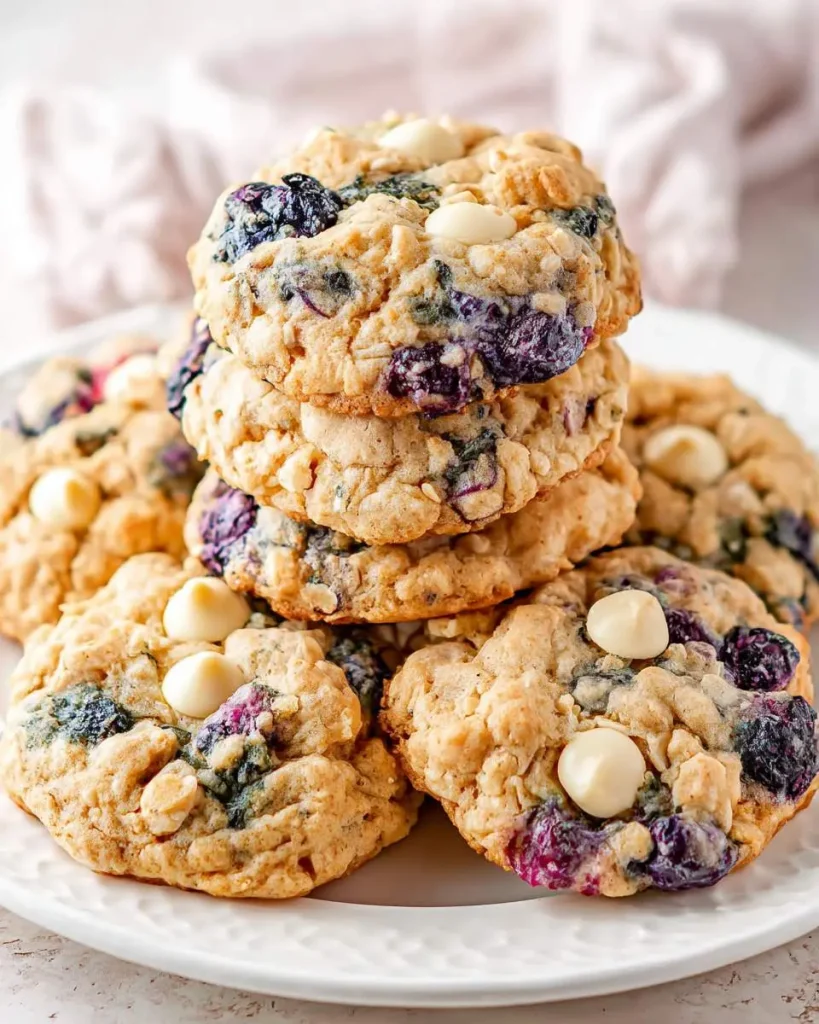 Stack of White Chocolate Blueberry Oatmeal Cookies on a white plate with fresh blueberries and white chocolate chips visible.