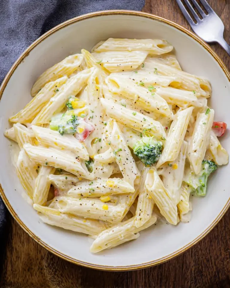 Creamy White Sauce Penne Pasta with broccoli, corn, and peppers in a white bowl on a wooden table.