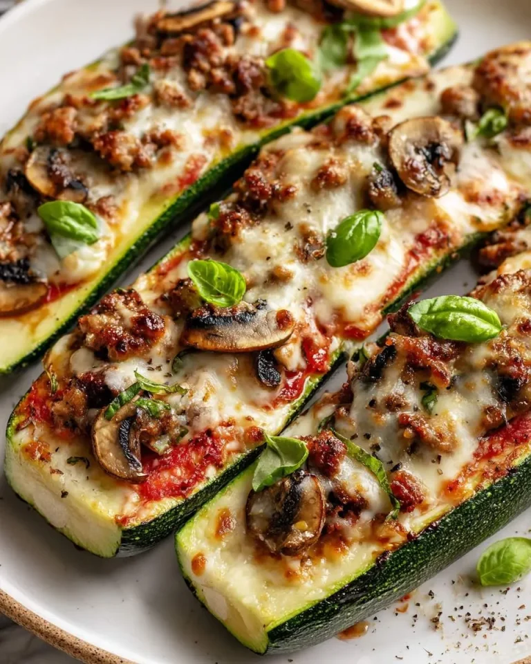 Three baked Zucchini Pizza Boats topped with melted cheese, mushrooms, sausage, and fresh basil on a white plate.