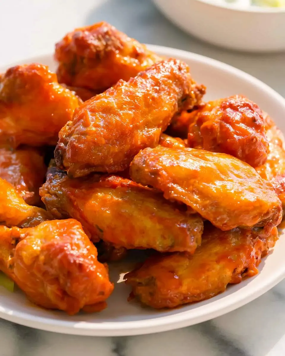 A plate of crispy Air Fryer Buffalo Chicken Wings coated in bright orange buffalo sauce, piled high and glistening.