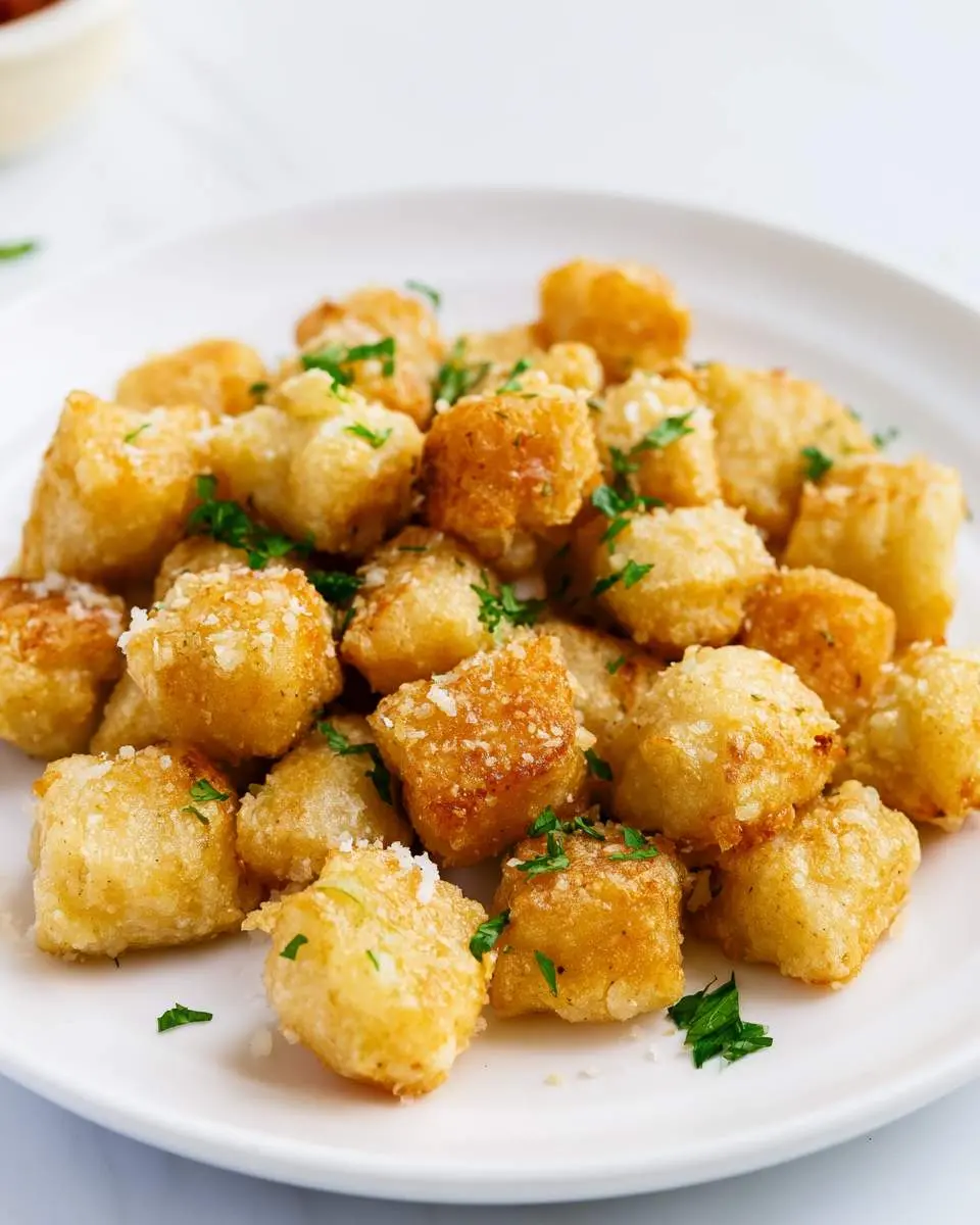 Golden crispy Air Fryer Cauliflower Gnocchi topped with parmesan and fresh herbs on a white plate.