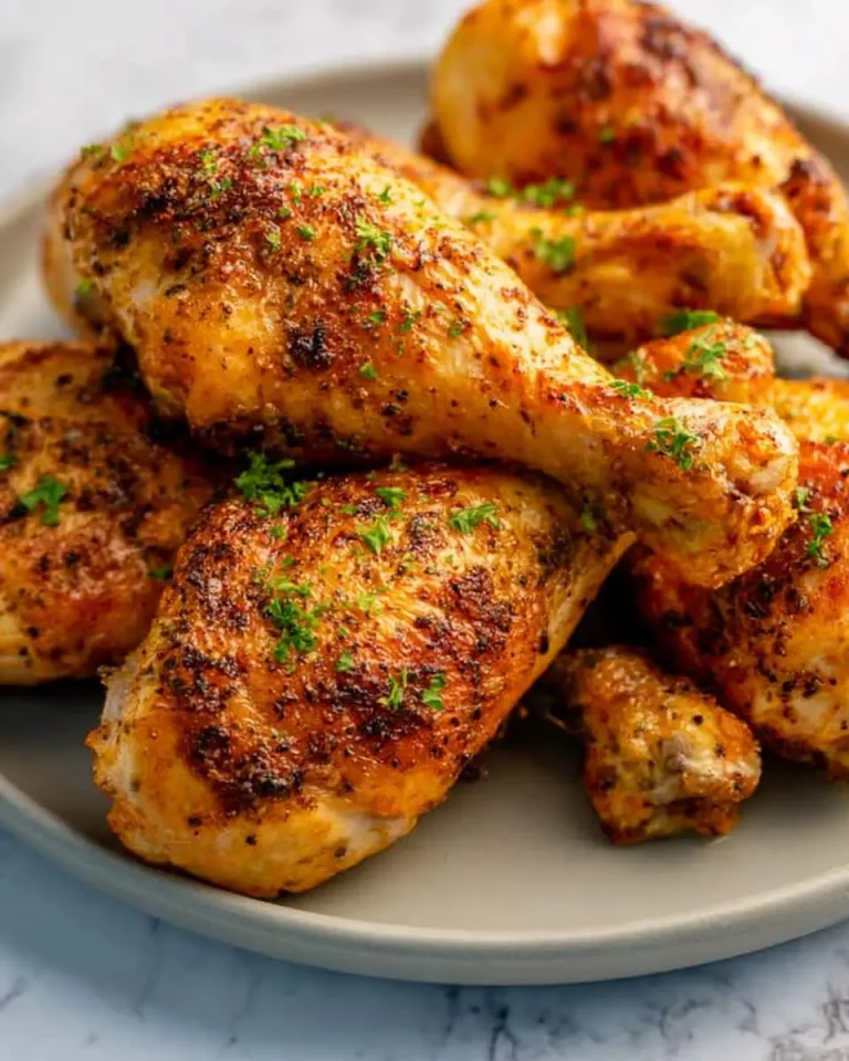 Golden crispy Air Fryer Chicken Legs stacked on a plate, garnished with fresh herbs.