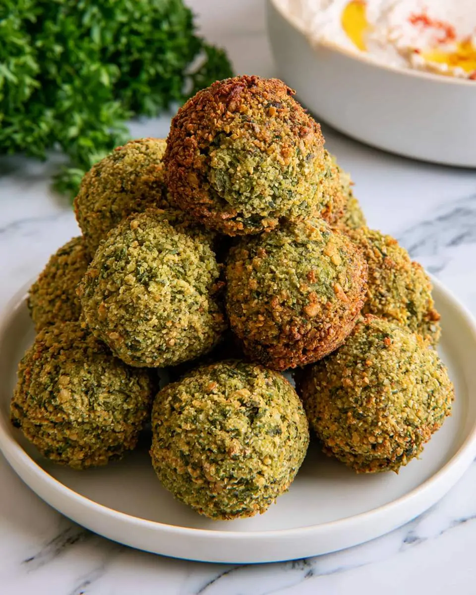 A plate of golden brown Air Fryer Falafel balls stacked in a pyramid, with fresh herbs and dipping sauce in the background.