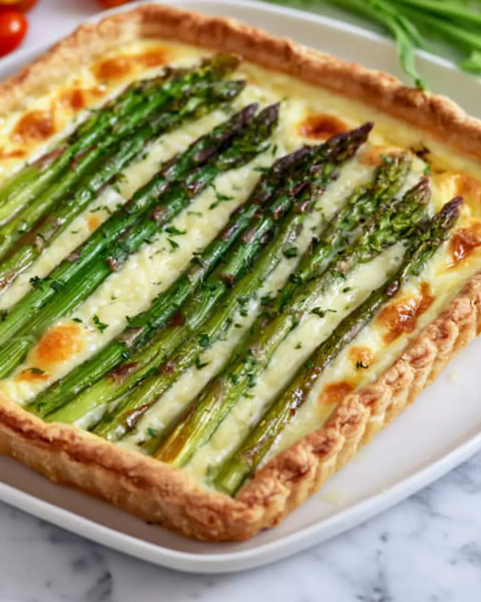 A golden-brown rectangular Asparagus Tart with fresh green spears baked in creamy custard filling on a white plate.